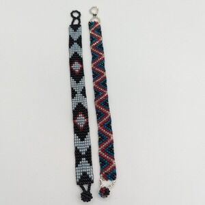 Set of‎ 2 Handmade Seed Bead Bracelets Southwestern Geometric Chevron Black Red